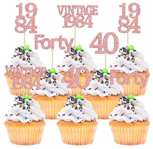 Gyufise 24Pcs Happy 40th Birthday Cupcake Toppers Glitter Forty 40 Fabulous Vintage 1985 Cake Toppers for 40th Birthday Wedding Anniversary Party Cake Decorations Supplies Rose Gold
