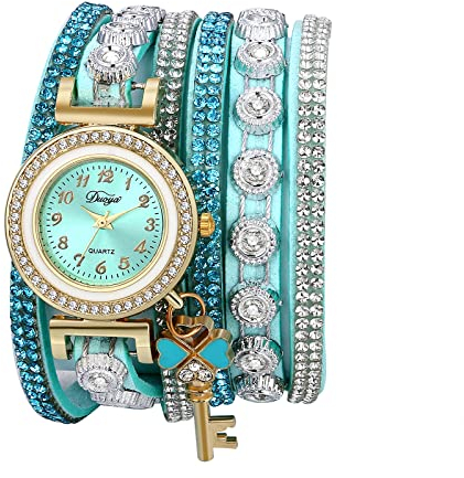 JewelryWe Armbanduhr Damen Böhmisch Retro Strass Glitzer Analog Quarz Beiläufige Uhr Damenuhr mit Geflochten Leder Armband Wickelarmband und Kleeblatt Schlüssel Anhänger, Grün