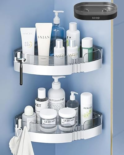 WeshyiGo Eckduschcaddy, 2er Pack Kunststoff-Kleberegale für das Badezimmer mit Seifenschale und 4 Haken, wandmontiertes Duschregal für die Dusche und Küchenaufbewahrung