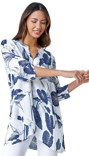 Roman Originals Floral Print Tunic Top for Women UK Ladies Casual Shirt Smart Blouse Asymmetric Wrap Hem Summer Holiday Party Cruise 3/4 Sleeve Longline Oversized - Navy - Size 18