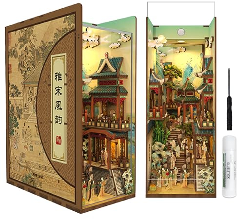 Tonecheer Book Nook Kit 3D Holzpuzzle Booknooks DIY Modellbausätze Erwachsene zum Baue Miniatur Haus Bücherregal Nook Book mit Licht lustiges Geschenke Geburtstagsgeschenk(Song Dynastie Kultur)