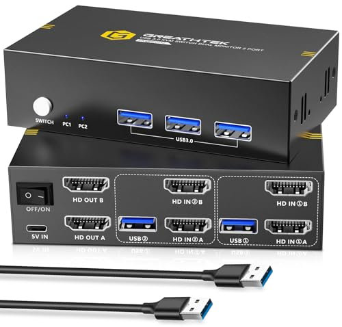 USB3.0 HDMI KVM Switch Dual Monitor 2 Port, 4K@60HzKVM Switches, 2 PC 2 Monitor Switch,HDMI2.0,HDCP2.2, KVM Switch 2 Monitors, 3 USB3.0 ports, Shared Multiple USB3.0 Devices