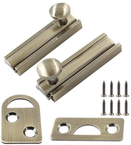 Coufce 2 pernos deslizantes de latón macizo de 2 pulgadas, pestillo de puerta de bronce, cerradura de puerta corredera, pernos de superficie para puertas, armario de armario con tornillos