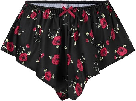 Satini Satin Geriffelte French Knickers Rock Shorts Höschen Unterwäsche (Schwarz - rote Rosen, XL)