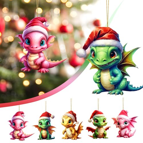 Weihnachtsbaum Deko Drachen Acryl Deko, 8PCS Weihnachten Drachen Baby Ei Acryl Weihnachtsschmuck Set Lustiger Weihnachten Weihnachtskugeln Christbaumkugeln Auto Anhänger mit (Green-A 6pcs, One Size)