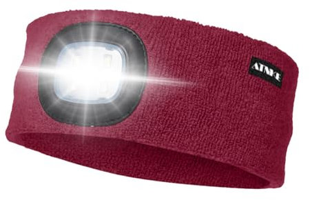ATNKE LED Beleuchtetes Stirnband, Wiederaufladbare USB Lauf Stirnbänder mit Licht Extrem Heller 4 LED Lampe Winter Warme Stirnlampe für Herren und Damen Geschenke/Wine Red