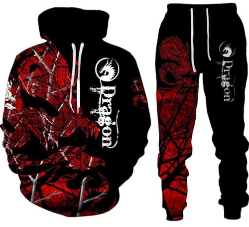 RIAAJ Sweat à capuche pour homme avec motif dragon chinois imprimé en 3D - Pull ample - Dragon chinois - T-shirt de sport - Jogging - Ensemble de sport
