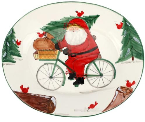 Vietri Old St. Nick, grande piatto ovale con bicicletta, piatto da portata per insalata e dessert in terracotta