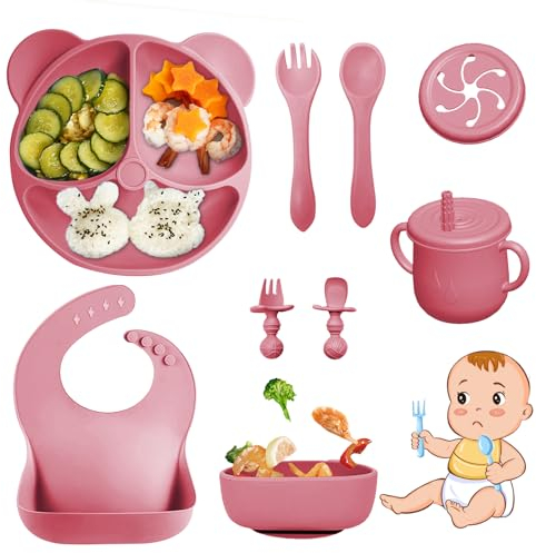 Bizcasa Vajilla Bebe Silicona, 9 Piezas Vajilla de Silicona para Bebés Antideslizante, Con Plato Cuenco Babero Taza, Vajilla de aprendizaje para comer destete, Sin BPA (Rosa oscuro)