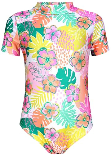 Aquarti Baby Mädchen Badeanzug Einteiliger Kurzarmbody UV-Schutz Schwimmanzug Body Swimmsuit, Farbe: Blumen Orange/Rosa/Blau, Größe: 80