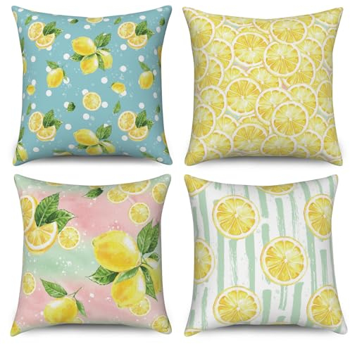 ASDCXZ Kissenbezug 40x40 cm 4er Set, Sommer Obst Gelb Zitrone Grün Blätter Blau Rose Sofa Dekokissen Kissenbezüge Kissenhülle Waschbar Polyester Flachs Textil Outdoor Kopfkissenbezug Kissen Bezug