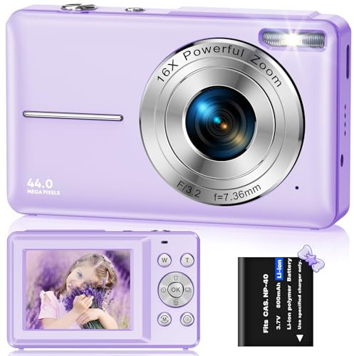 Digital Camera, FHD 1080P 44MP Digital Cameras Compact, 2.4 LCD Rechargeable Digital Cameras, Vlogging Camera with 16X Digital Zoom for Kids, Adult, Teenagers, Girls, Boys(Purple)