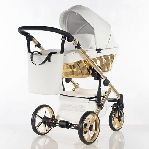 Trio CUBIC Kajtex BBtwin Ecuero Eco Kinderwagen mit goldenen oder silbernen Details, 3-in-1 Kinderwagen und Zubehör, Weiß Gold