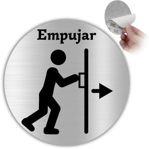 LEIASA | Señal Adhesiva Empujar Puerta - Diámetro Ø 100 mm - Grosor 0.8 mm - Aluminio - Rótulo de Empujar - Signo Dirección Puerta - Cartel Adhesivo 3M Empuje la Puerta - Señal Empujar Puerta