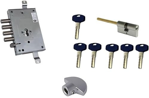 inferramenta KIT SERRATURA BLINDATA INTERASSE 28mm ENTRATA 63mm COMPLETO DI CILINDRO CON CHIAVE EUROPEA PREDISPOSIZIONE POMOLO 30/40 mm CON 5 CHIAVI E CHIAVE CANTIERE CON POMOLO CROMO SATINATO