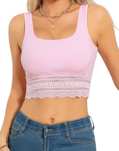 BEINF Crop Tops Damen Sexy Sommer Tanktops Frauen Quadratischer Ausschnitt Tank Top Splicing Spitzen Rippenstrick Ärmellos Slim Fit Basis Camisole Shirt Rosa L