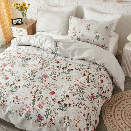 Tospass Blumen Bettwäsche 135x200cm 4 Teilig Hellgrau Bunt Floral Bettwäsche Set Pflanzen Blätter Mädchen Mikrofaser Wende Bettwäsche 2 Bettbezug mit Reißverschluss 2 Kissenbezug 80x80cm