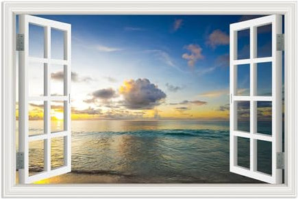 MOBYAT Quadro su Tela Finestra con Vista spiaggia,Opera d'arte moderna su tela con vista sul mare,Effetto Finestra 3d Quadro Finta Finestra da Parete su tela 45x30cm(18x12in) Senza cornice