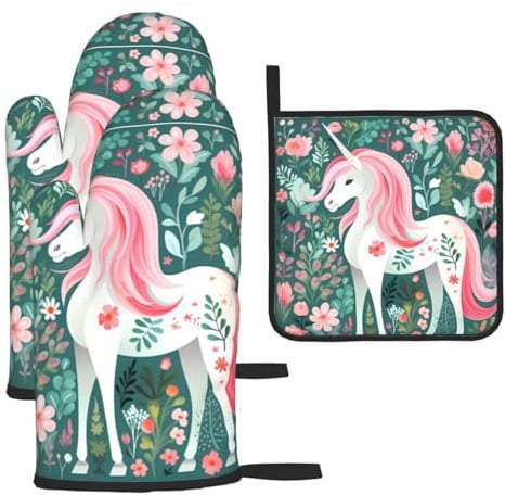 Ofenhandschuhe und Topflappen, Motiv: Einhorn mit rosa Haaren, hitzebeständige Grillhandschuhe für Küche, ungedeckte Mikrowellen-Endplatten (3er-Set)