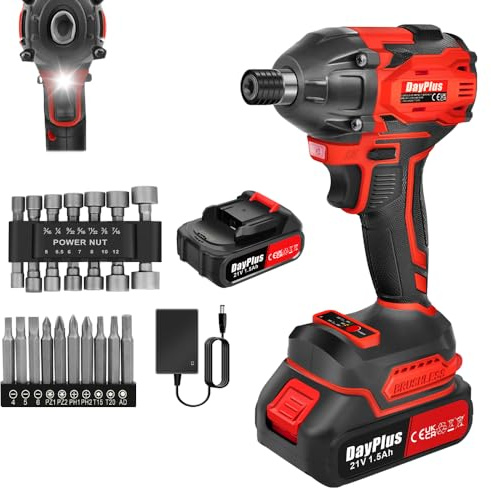 21V Brushless Cordless Impact Wrench 1/2 Inch Battery Impact Gun Max Torque 450N.m, 2200 RPM Power Electric Wrench with 1.5Ah Lithium Battery and Charger, 14 Impact Sockets Set, 12 Screwdriver Bits