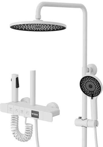 Modern Piano Key Design Shower Head System, Exposed Shower System with Digital Display, 4 Functions, Complete Set Includes Handheld Shower Faucet and Bathtub Faucet - 10 Round, Spray Gun