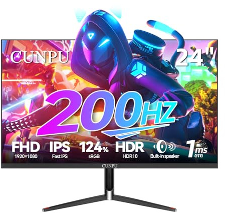 CUNPU 24 Inch 1080P 200Hz Gaming Monitor, Fast IPS FHD Panel, 124% sRGB 1ms HDR Zero-Frame, Built-in Speaker, HDMI 2.1, DisplayPort 1.4, FreeSync & G-Sync, Tilt, VESA, Care