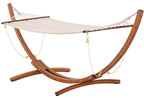 Outsunny Hängematte mit Holzgestell Hängematte auf Fuß im Freien 4 Sicherheitsseile Belastung 120 kg für Terrasse, Veranda, Patio, Naturholz und Weiß