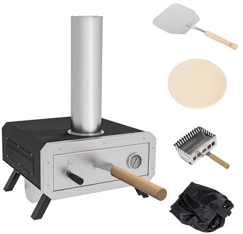 Outsunny Portable Wood Pellet Pizza Oven with Thermometer, Wood Fired Pizza Maker with 12 / 30cm Rotating Pizza Stone, Peel and Cover for Outdoor Garden Cooking