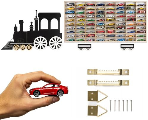 ArtTwist Modellauto Vitrine | Hot Wheels Aufbewahrung zu 80 Fächen | Sammlervitrine Hängend 78,5cm x 40cm x 4cm | Setzkasten Holz für Wanddeko und Organisation (Lokomotive)