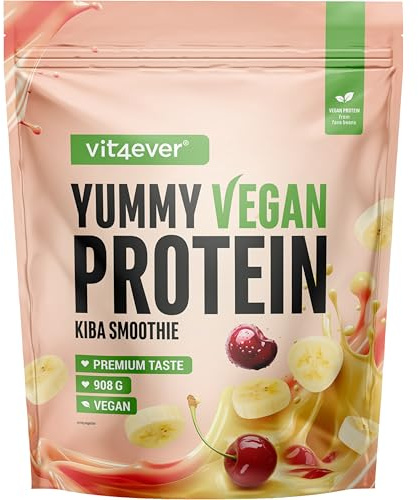 vit4ever Yummy Vegan Protein - 908 g - Kiba Smoothie | Frullato proteico vegetale con 24,3g di proteine per porzione da isolato di fave con BCAA e amminoacidi - Consistenza cremosa