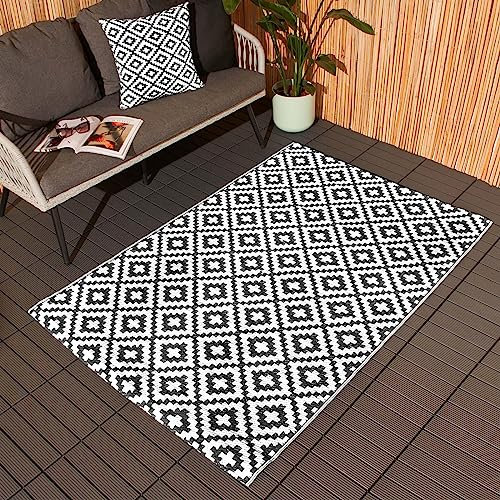 Dreamscene Small Outdoor Rug, Waterproof Garden Mat for Summer Black & White Pattern Foldable Decking Outdoor Carpet Non-Slip Area Rug for Patio Deck Poolside, 80 x 150cm