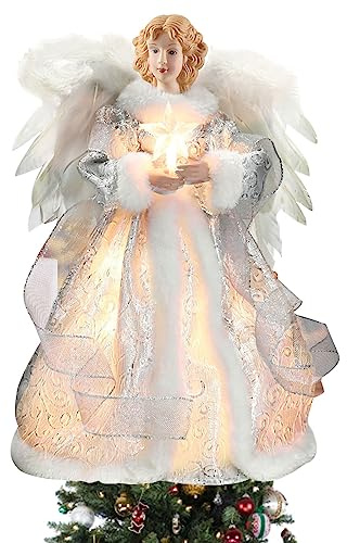 Christmas Angel Treetop Figurine, 12.6 Inch LED Colored Lights Christmas Tree Topper, Angel Tree Topper Lighted for Decorations, Party Favors (Silver Glitter)