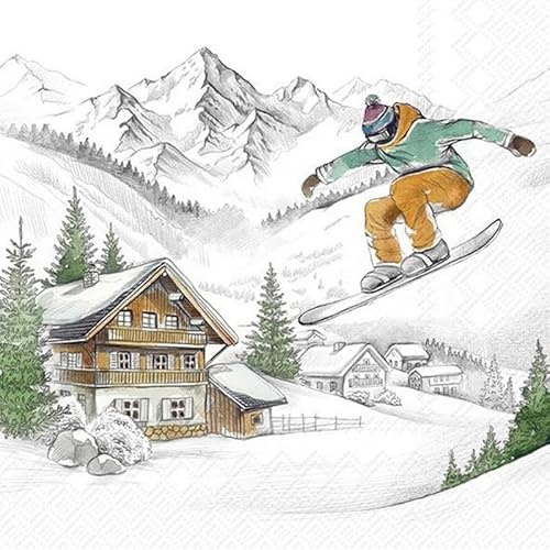 20 Servietten Weihnachten Skifahrer an Winterhütte als Tischdeko. Papierservietten mit Motiv. Auch für Decoupage und Serviettentechnik 33x33cm