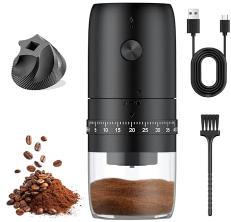 Portable Electric Coffee Bean Grinder, Cordless Electric Coffee Grinder with 40 Gears Adjustable Settings, USB Rechargeable Conical Burr Coffee Grinder for Home, Office, Travel, Camping