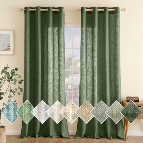 EMEMA Leinenvorhang Gardinen Vorhänge mit Ösen Matcha Grün 2er H245xB140cm | 2er Set Leinenvorhang mit Ösen Halbtransparent für Wohnzimmer Dekoschal Kinderzimmer Schlaufenschal Küchengardinen 140x245cm
