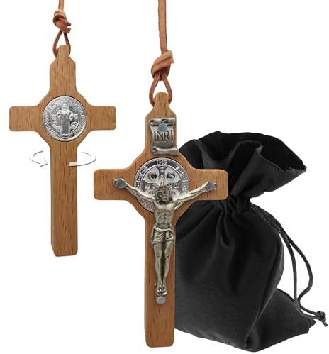 Lunexus Holzkreuz mit Korpus & Benediktus Medaille - Buchenholz, 8 cm | Holzkreuz mit silberfarbenem Korpus, Benediktus Medaille - 60 cm Lederband, Samtbeutel - zu Taufe, Kommunion, Firmung