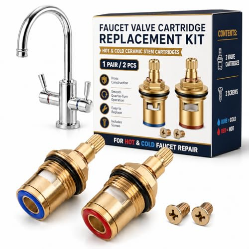 CEYOME 2PCS Tap Cartridge Replacement 1/2 Inch Ceramic Disc Tap Valve Quarter Turn - 20 Spline Solid Brass Mixer Tap Inserts for Kitchen & Bathroom Basin (Hot & Cold, Red & Blue)