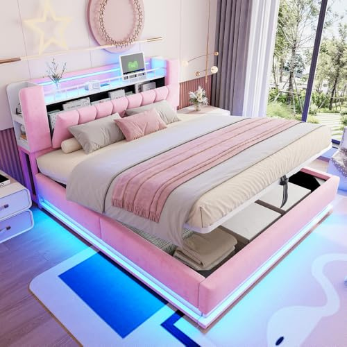 Cayipng Letto matrimoniale contenitore con Striscia LED e ricarica,letto imbottito in velluto 180x200 cm intelligente con USB,Type-C, Testiera contenitore, idraulico,Struttura a doghe in metallo,Rosa