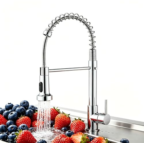 Wasserhahn küche Schwarz hochdruck armatur, kitchen faucet edelstahl mit hohen bogen und herunterziehbare mischbatterie küche, Küchenarmaturen 360°-schwenkfunktion,zusätzliche mischdürse (Chrom)