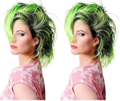 WIG ME UP - PW0078-1-P103PC15 Perücke Faschingsperücke Karneval Punk Glam Vamp Mohawk Iro Auftoupiert Schwarz Neon Grün (Packung mit 2)