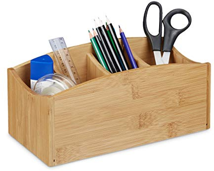 Relaxdays Schreibtischorganizer aus Bambus, Stifteköcher mit 4 Fächern, natürliche Maserung, HBT: ca. 11,5 x 26 x 13 cm, natur