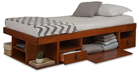 Funktionsbett Bali 90x190 Karamell - Schrankbett mit viel Stauraum u. Schubladen, smart Bed fÈr kleine Schlafzimmer - Bett mit Aufbewahrung aus Kiefer Massivholz - Einzelbett inkl. Lattenrost