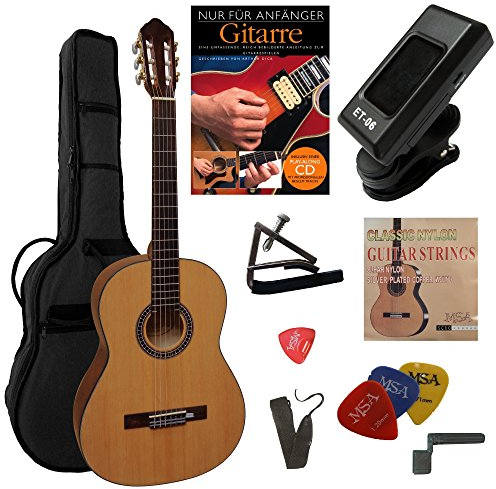 4/4 GITARRE - KONZERTGITARRE IM 10-TEILIGEN STARTERSET - CLASSIC - NATUR - DECKE FICHTE FURNIERT - TASCHE - BAND - STIMMGERÄT - SCHULE - CK115
