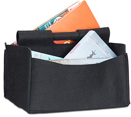 Relaxdays Zeitungskorb aus Filz, H x B x T: 22 x 32 x 29 cm, 2 Fächer, mit Griff, faltbarer Zeitungsständer, schwarz