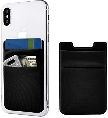 Newseego 2 Pack Phone Card Storage Pouches Stick on Wallet Double Pockets Card Holder Stick On Phone Sleeve Stretchy Bag for iPhone Android and Most Smartphones - Black