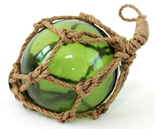 maritime Dekoration Fischerkugel aus Glas mundgeblasen Durchmesser 7,5cm mit Hanftampen (grün)