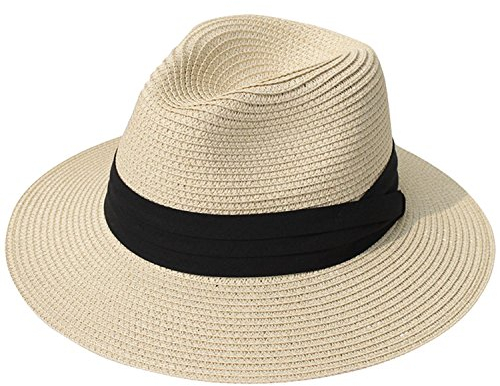 DRESHOW Femme Homme Chapeau de Paille Panama Chapeau Été Large Bord Chapeau de Soleil Anti-UV pour Plage Voyage Fedora Chapeau de Soleil,Taille unique,Panama Beige