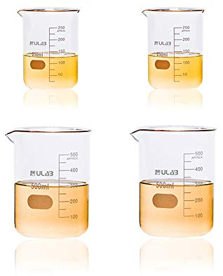 ULAB Scientific Glass Beaker 8.5 oz 17 oz, 2 Sizes 250ml 500ml, 2pcs for Each Size, 3.3 Borosilicate Griffin Low Form with Printed Graduation, UBG1012