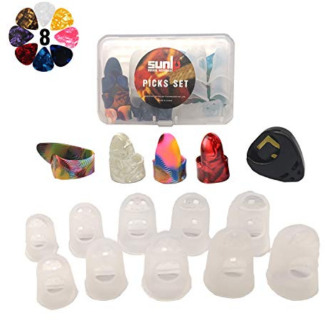 SUNLP Thumb Finger Picks, Guitar Finger Fingertip Protectors, Guitar Picks, Pick Holder, Gift Set Kit useful for Acoustic Guitar Ukulele Kalimba Starter & Other String Instruments