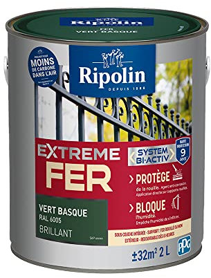 RIPOLIN - Peinture pour Fer Extérieur - Glycéro Antirouille - Sous-couche intégrée - Application directe sur Rouille - Résistante aux Intempéries, UV et Chocs - Brillant - 2L - Vert Basque RAL 6005